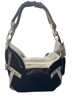 Kenneth Cole Rare Vintage Y2K Linen & Leather Jump Rope Studded Hobo Bag NWT NOS